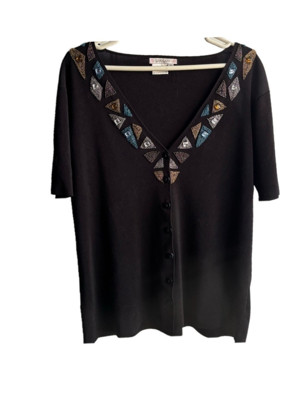 Vintage 90’s Beautiful black,blue,silver,gold dazzle.  Short sleeve fancy